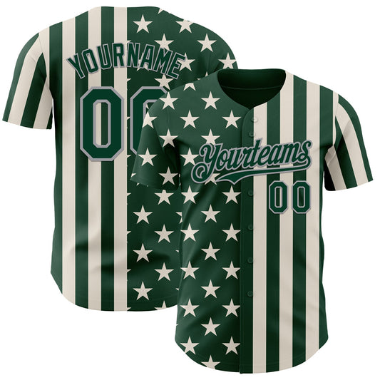 Custom Green Cream-Gray USA Flag Patriotic Split Stars and Stripes Authentic Baseball Jersey - Main View