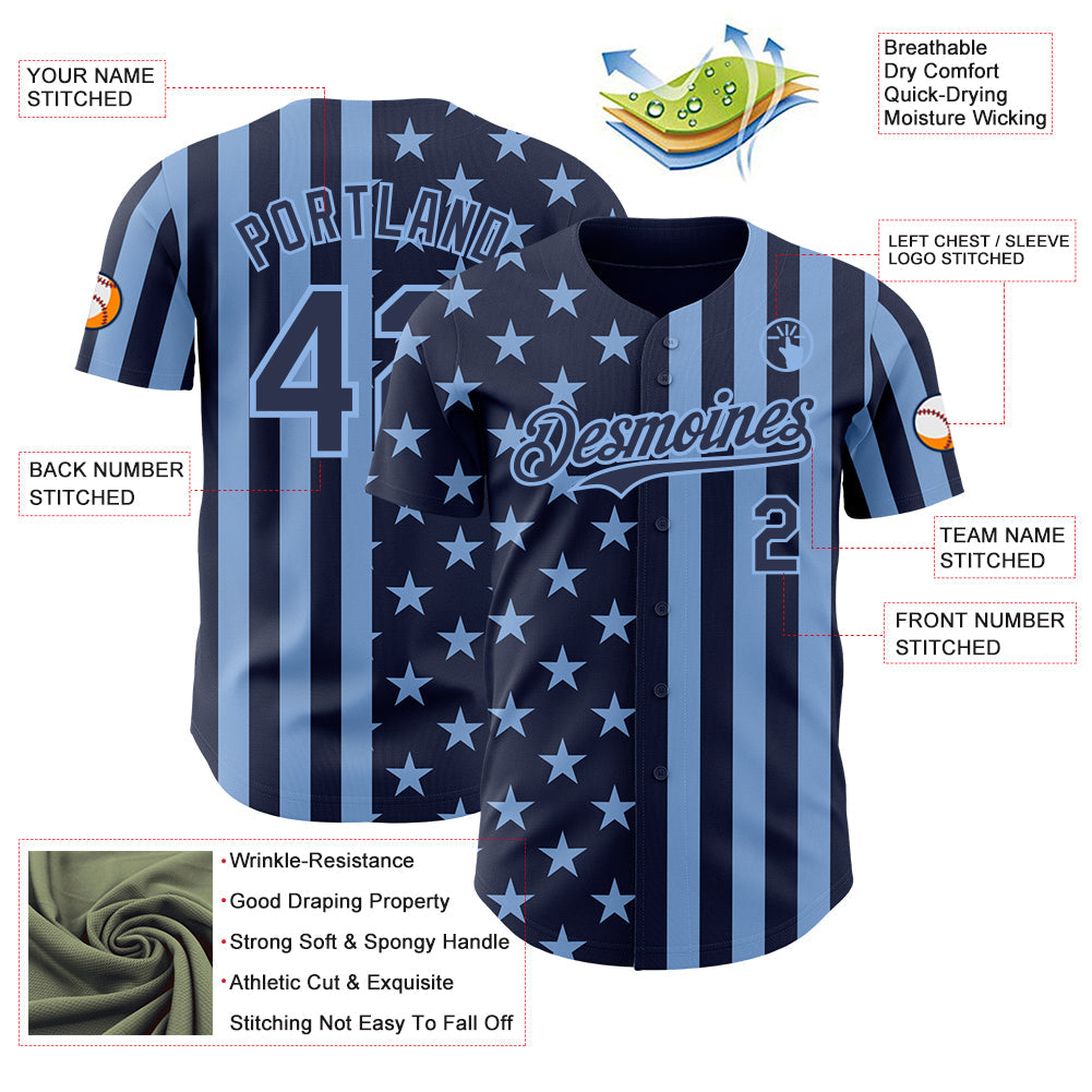 Custom Navy-Light Blue USA Flag Patriotic Split Stars and Stripes Authentic Baseball Jersey view 3