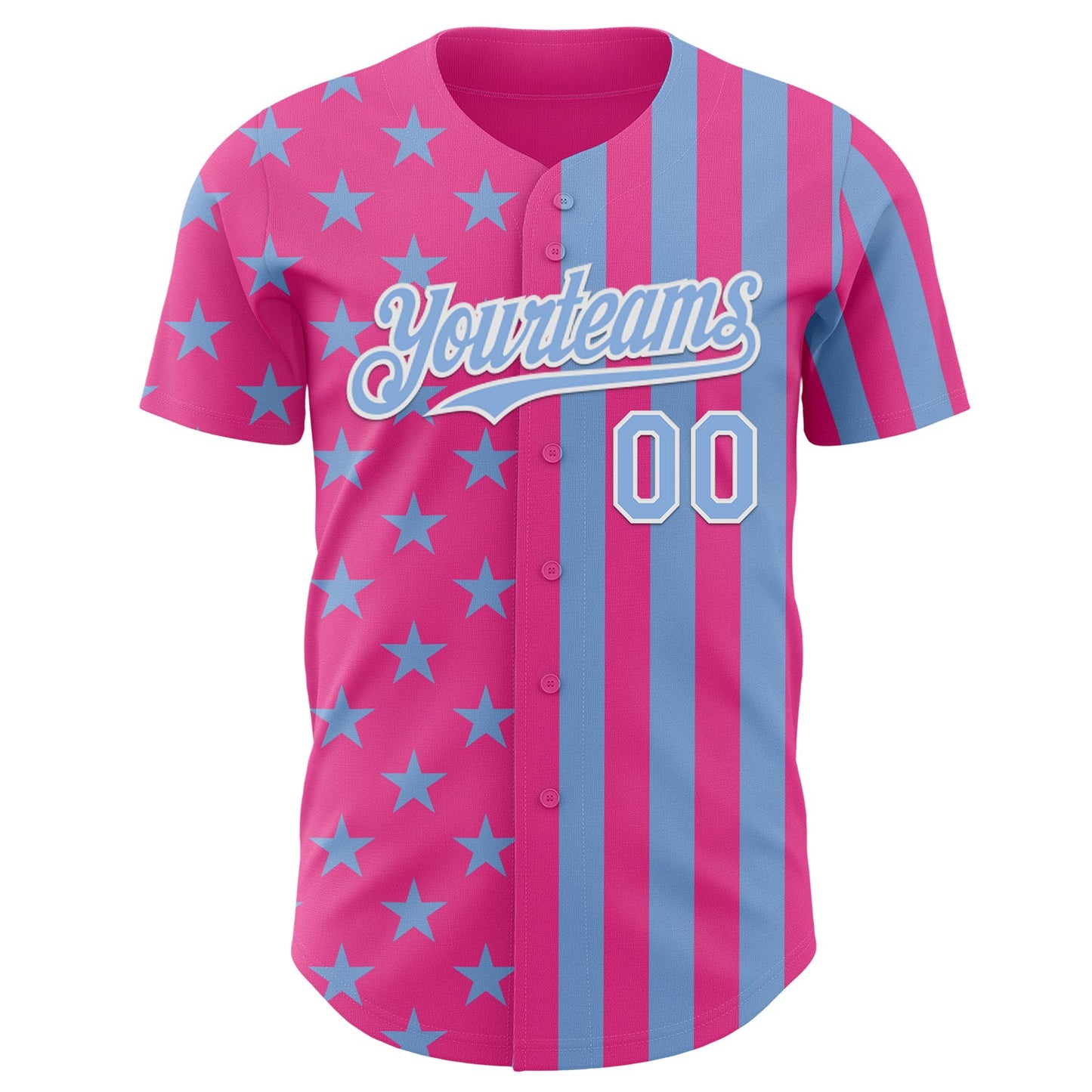 Custom Pink Light Blue-White USA Flag Patriotic Split Stars and Stripes Authentic Baseball Jersey view 2