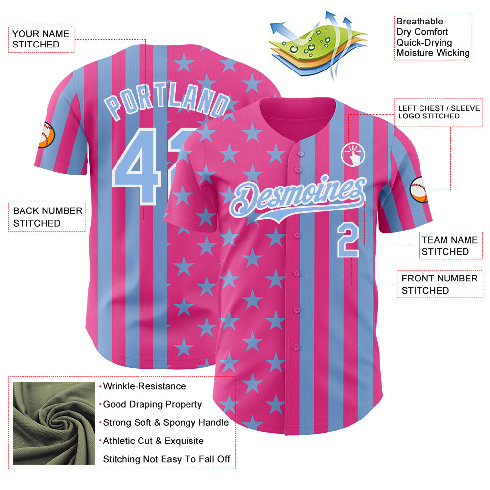 Custom Pink Light Blue-White USA Flag Patriotic Split Stars and Stripes Authentic Baseball Jersey view 3