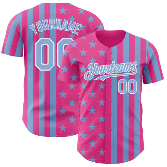 Custom Pink Light Blue-White USA Flag Patriotic Split Stars and Stripes Authentic Baseball Jersey - Main View
