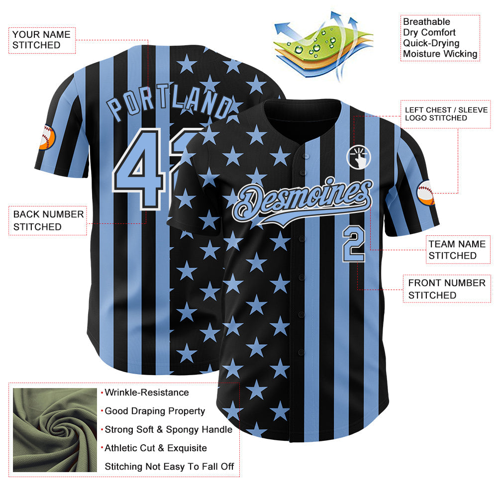 Custom Black Light Blue-White USA Flag Patriotic Split Stars and Stripes Authentic Baseball Jersey view 3