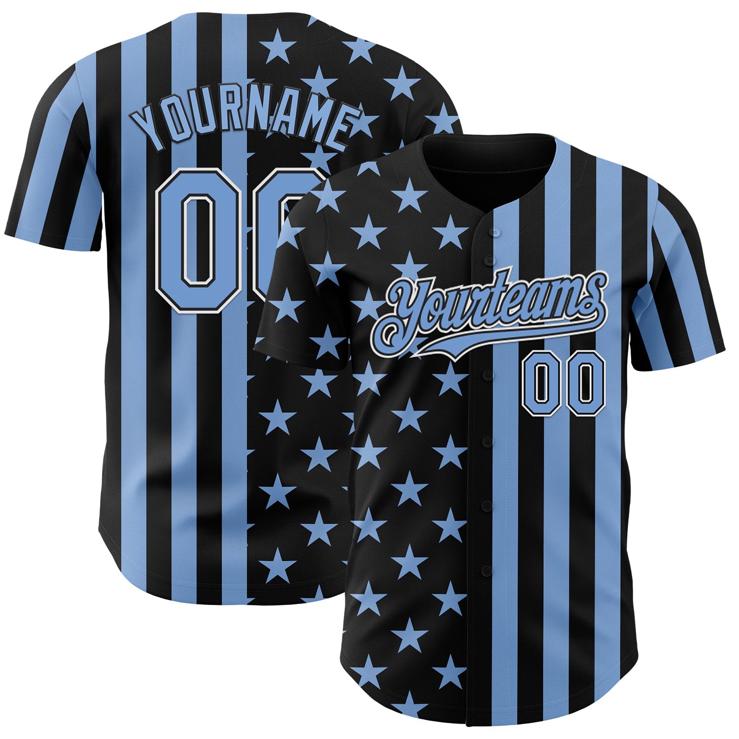 Custom Black Light Blue-White USA Flag Patriotic Split Stars and Stripes Authentic Baseball Jersey - Main View