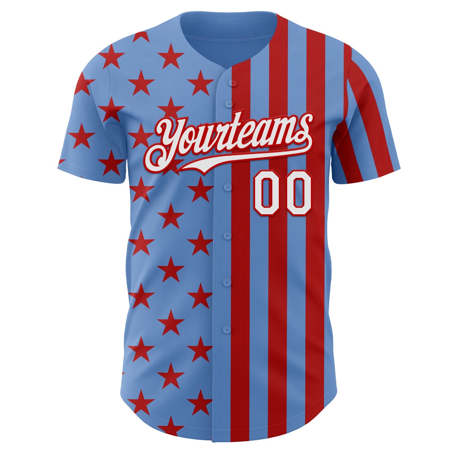 Custom Powder Blue White-Red USA Flag Patriotic Split Stars and Stripes Authentic Baseball Jersey view 2
