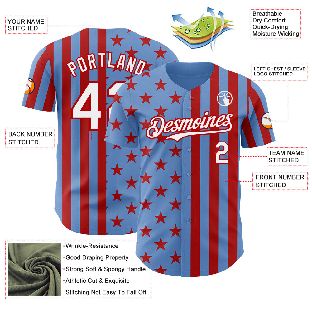 Custom Powder Blue White-Red USA Flag Patriotic Split Stars and Stripes Authentic Baseball Jersey view 3