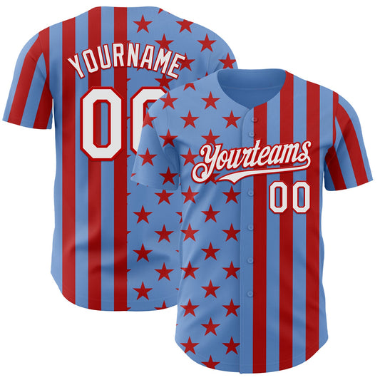 Custom Powder Blue White-Red USA Flag Patriotic Split Stars and Stripes Authentic Baseball Jersey - Main View