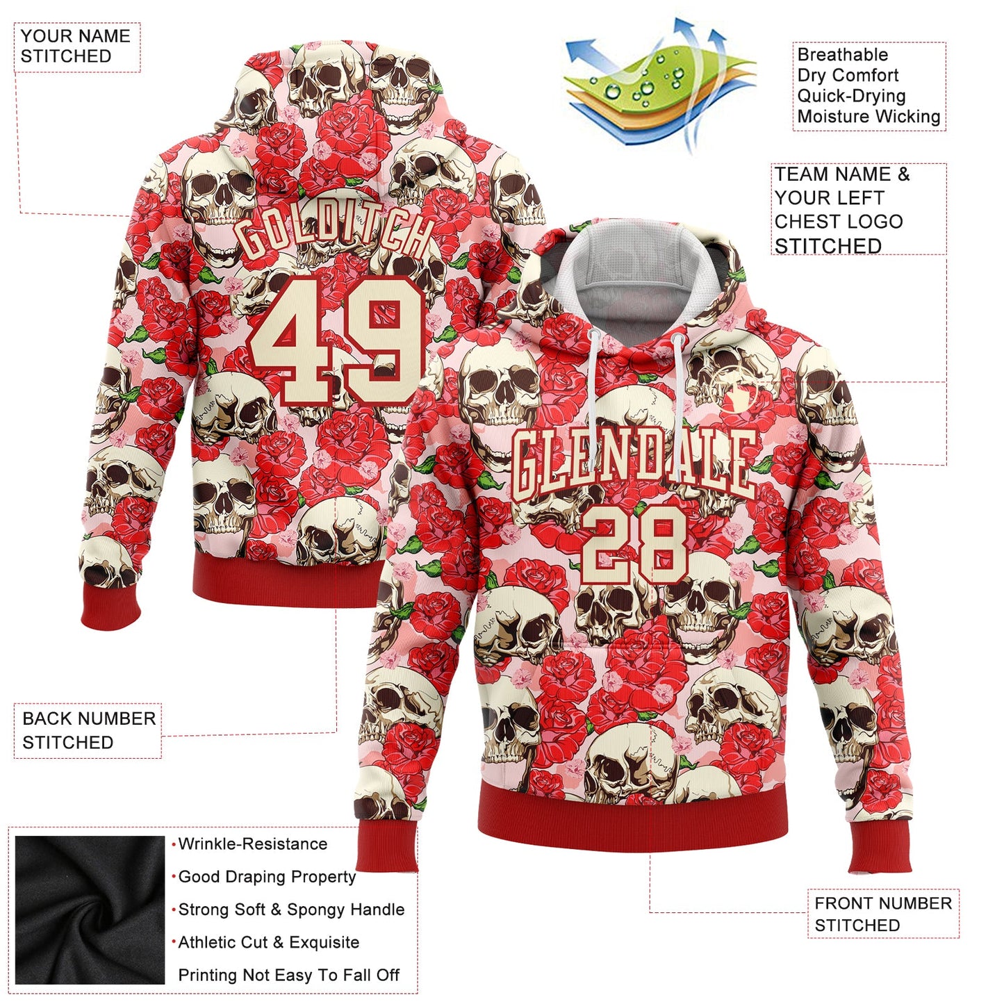 Custom Stitched Red Cream 3D Skull Fashion Flower Sports Pullover Sweatshirt Hoodie view 2