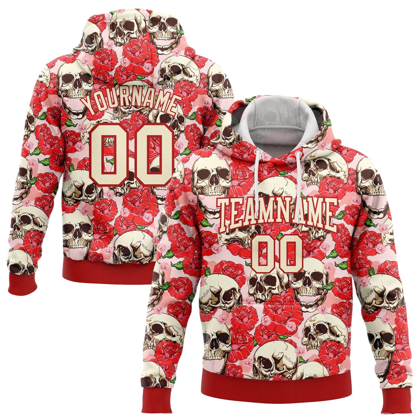 Custom Stitched Red Cream 3D Skull Fashion Flower Sports Pullover Sweatshirt Hoodie - Main View