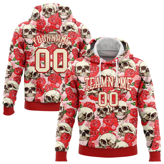 Custom Stitched Red Cream 3D Skull Fashion Flower Sports Pullover Sweatshirt Hoodie - Main View
