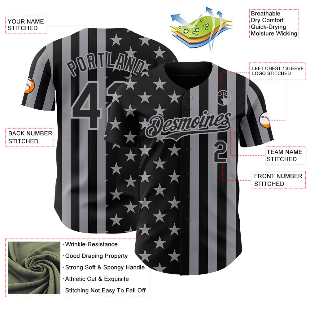 Custom Black-Gray USA Flag Patriotic Split Stars and Stripes Authentic Baseball Jersey view 3