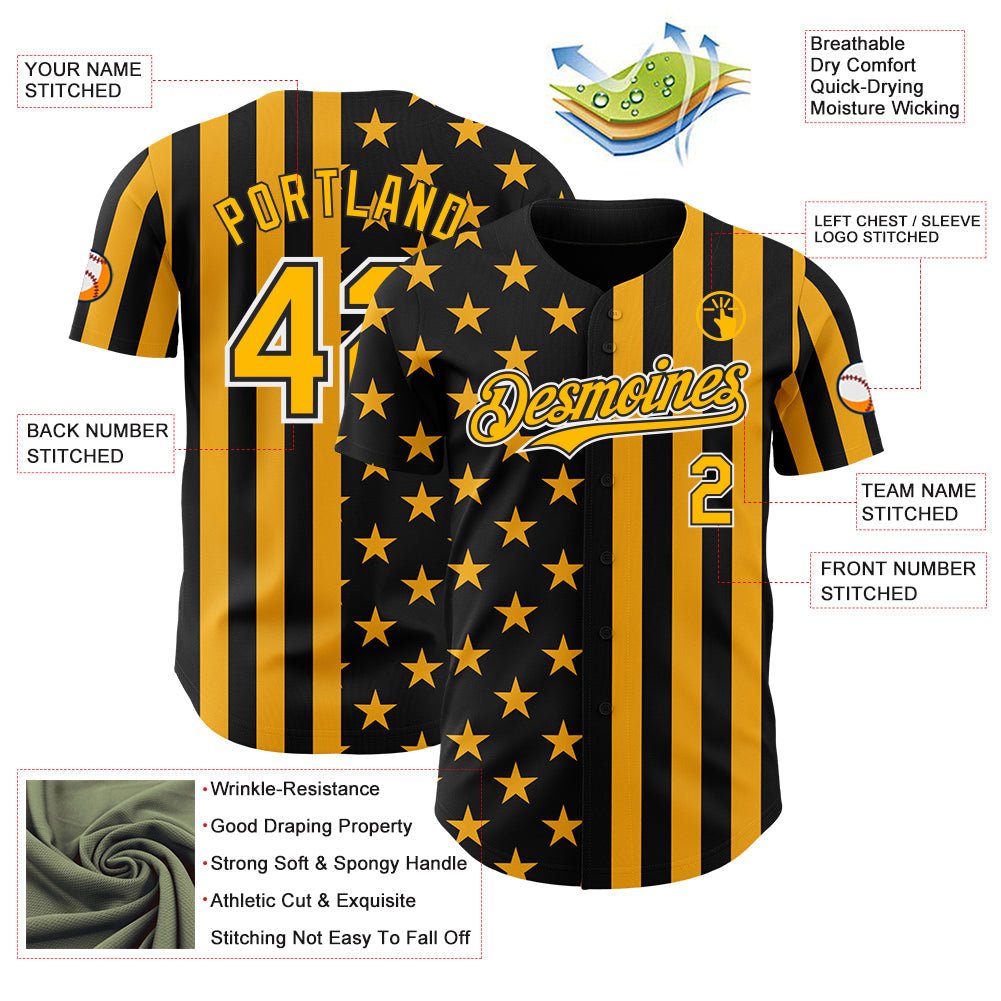 Custom Black Gold-White USA Flag Patriotic Split Stars and Stripes Authentic Baseball Jersey view 3