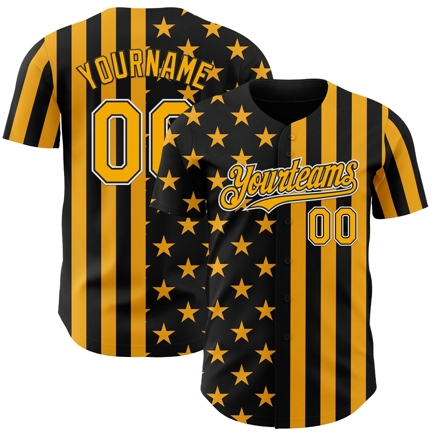Custom Black Gold-White USA Flag Patriotic Split Stars and Stripes Authentic Baseball Jersey - Main View