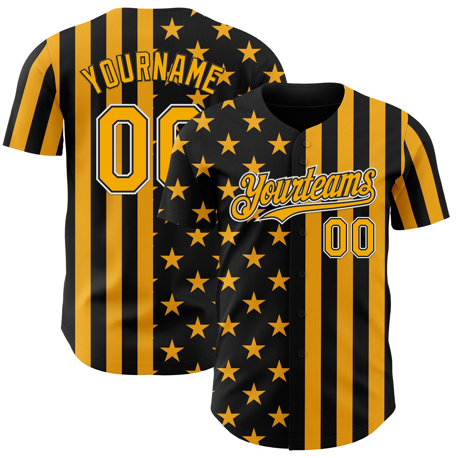 Custom Black Gold-White USA Flag Patriotic Split Stars and Stripes Authentic Baseball Jersey - Main View