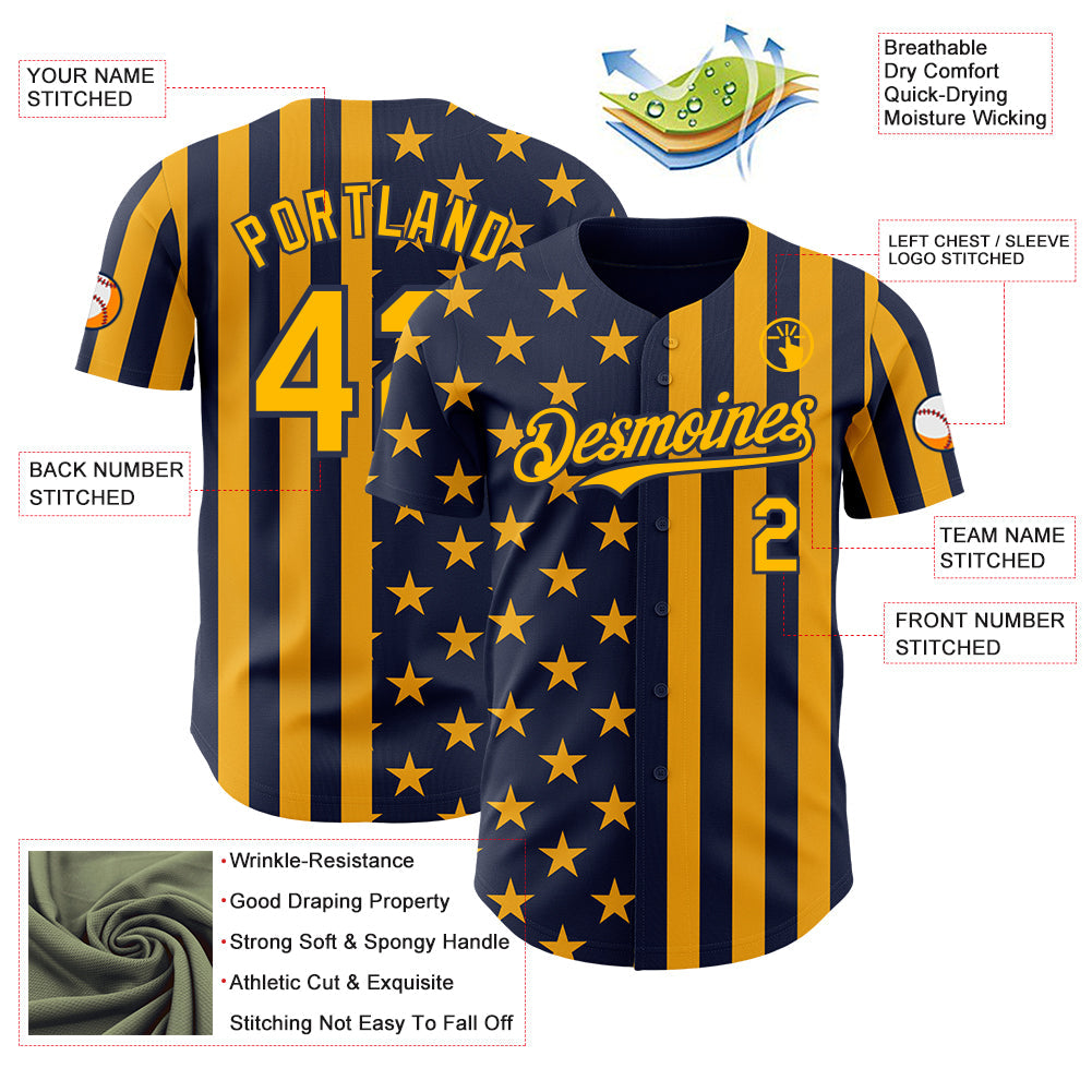 Custom Navy-Gold USA Flag Patriotic Split Stars and Stripes Authentic Baseball Jersey view 3