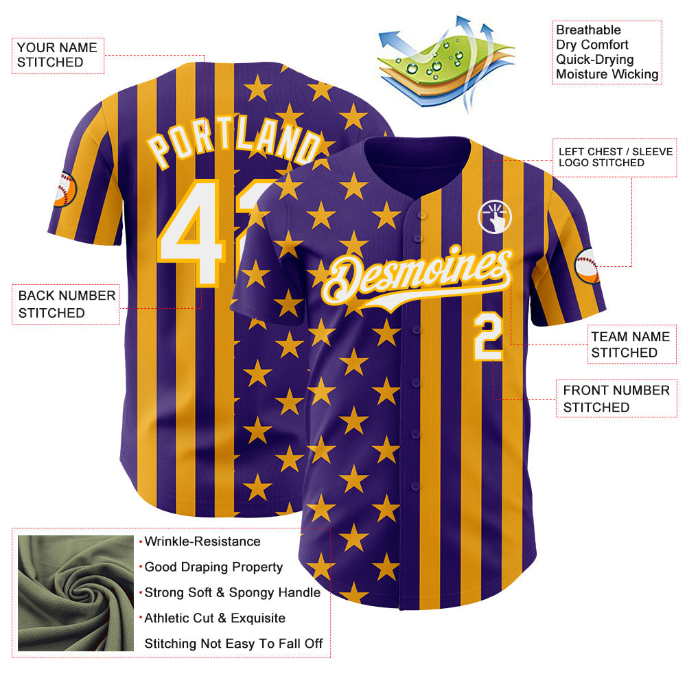 Custom Purple White-Gold USA Flag Patriotic Split Stars and Stripes Authentic Baseball Jersey view 3