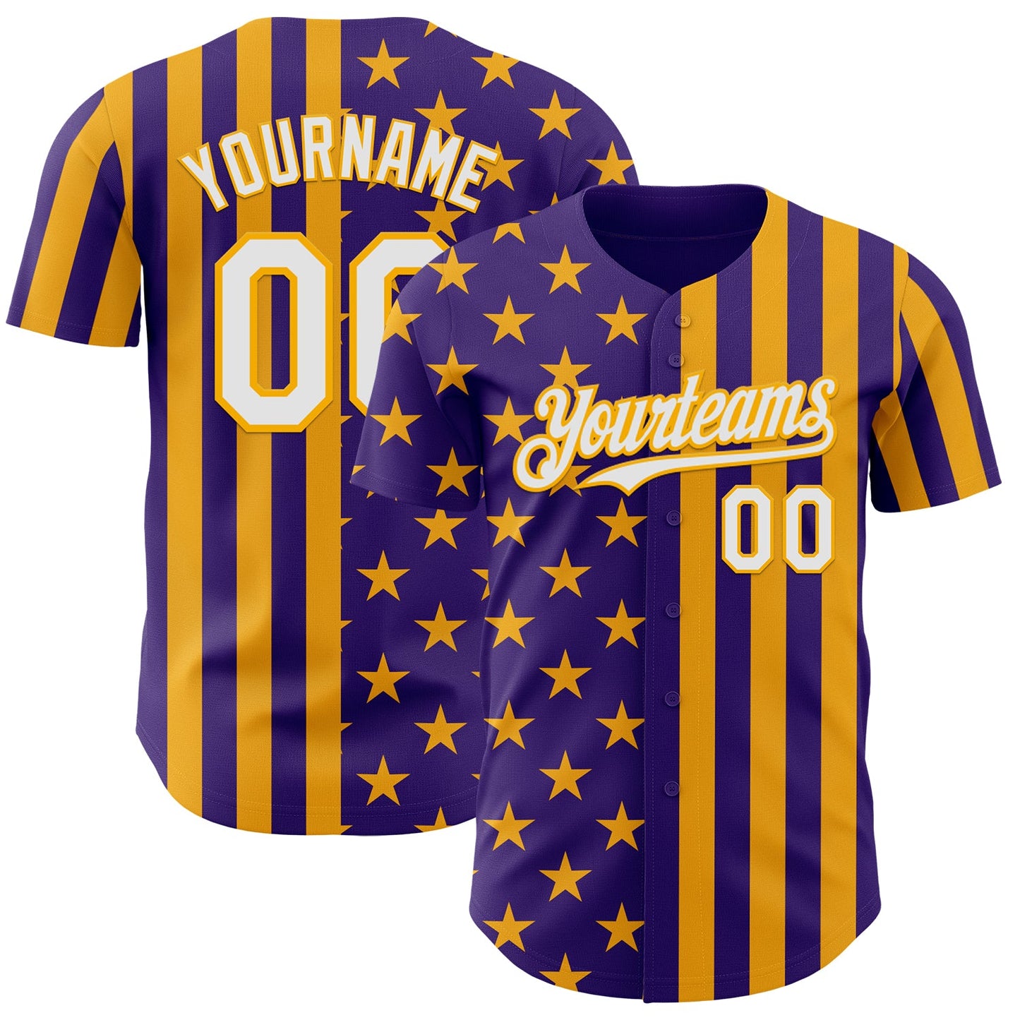 Custom Purple White-Gold USA Flag Patriotic Split Stars and Stripes Authentic Baseball Jersey - Main View