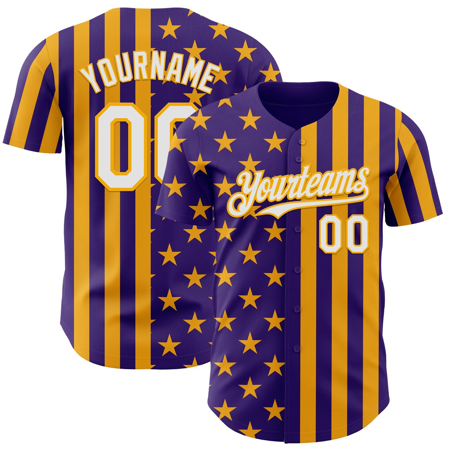 Custom Purple White-Gold USA Flag Patriotic Split Stars and Stripes Authentic Baseball Jersey - Main View