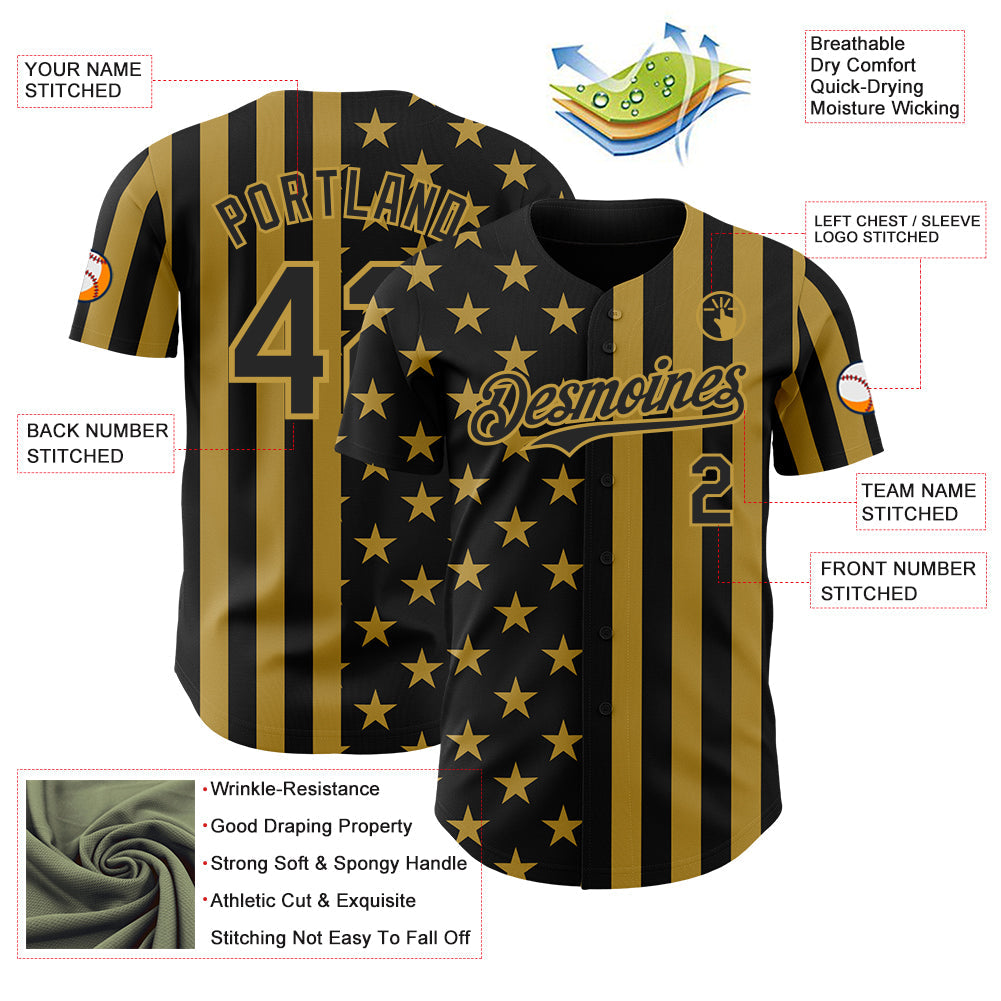 Custom Black-Old Gold USA Flag Patriotic Split Stars and Stripes Authentic Baseball Jersey view 3