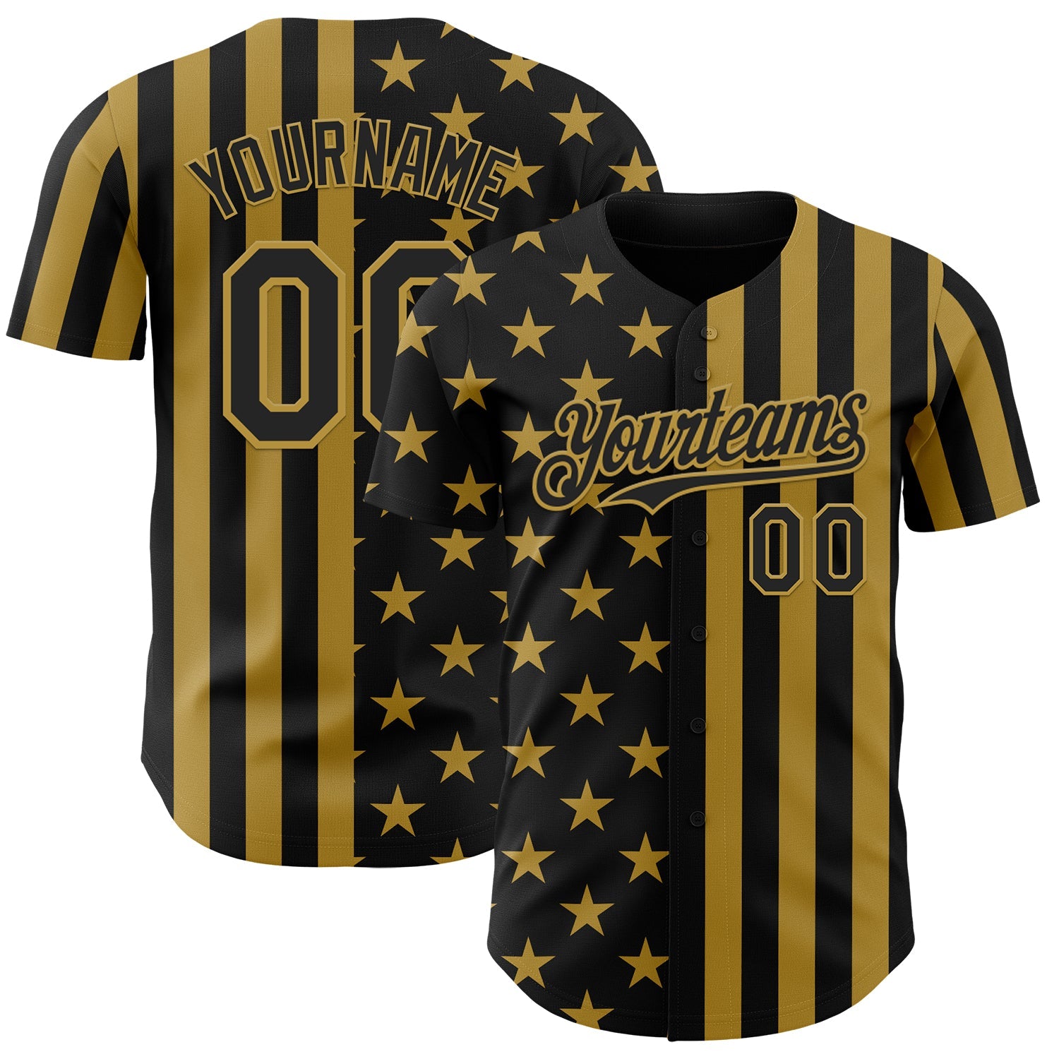 Custom Black-Old Gold USA Flag Patriotic Split Stars and Stripes Authentic Baseball Jersey - Main View