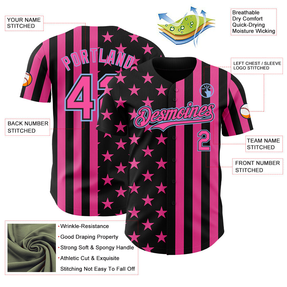 Custom Black Pink-Light Blue USA Flag Patriotic Split Stars and Stripes Authentic Baseball Jersey view 3