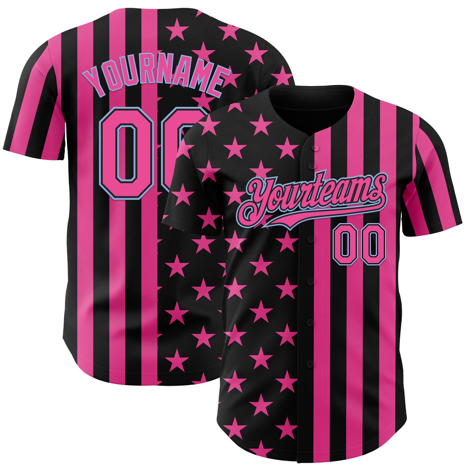 Custom Black Pink-Light Blue USA Flag Patriotic Split Stars and Stripes Authentic Baseball Jersey - Main View