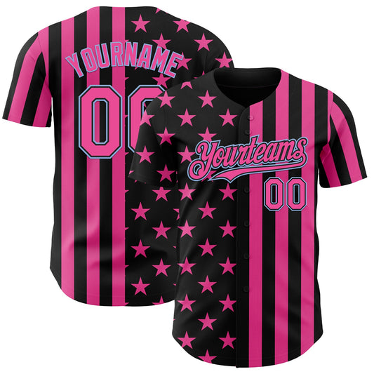 Custom Black Pink-Light Blue USA Flag Patriotic Split Stars and Stripes Authentic Baseball Jersey - Main View