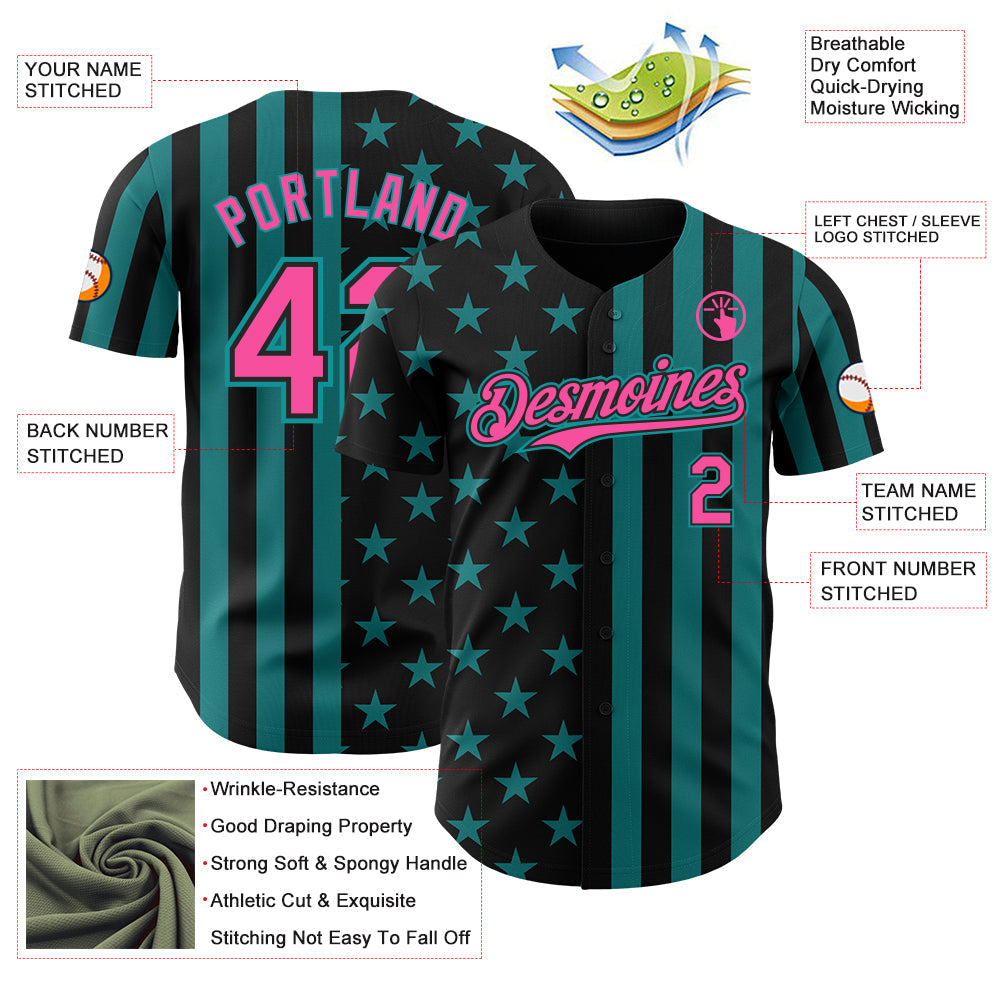 Custom Black Pink-Teal USA Flag Patriotic Split Stars and Stripes Authentic Baseball Jersey view 3