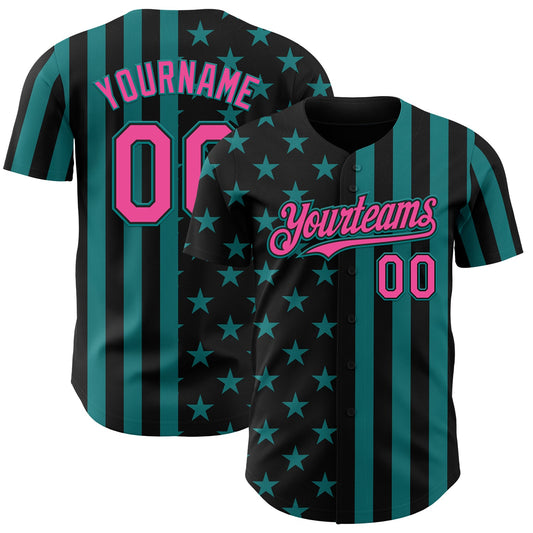 Custom Black Pink-Teal USA Flag Patriotic Split Stars and Stripes Authentic Baseball Jersey - Main View