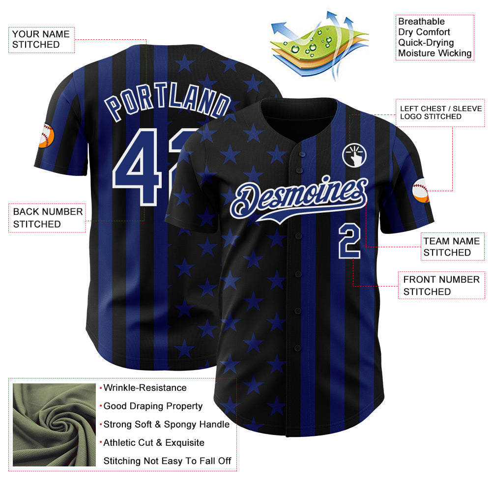 Custom Black Royal-White USA Flag Patriotic Split Stars and Stripes Authentic Baseball Jersey view 3