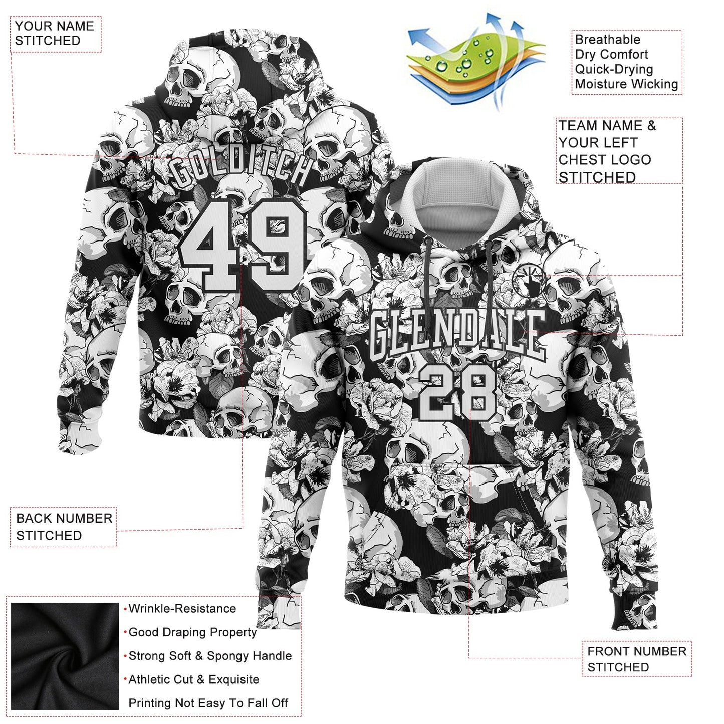 Custom Stitched Black White 3D Skull Fashion Flower Sports Pullover Sweatshirt Hoodie view 2