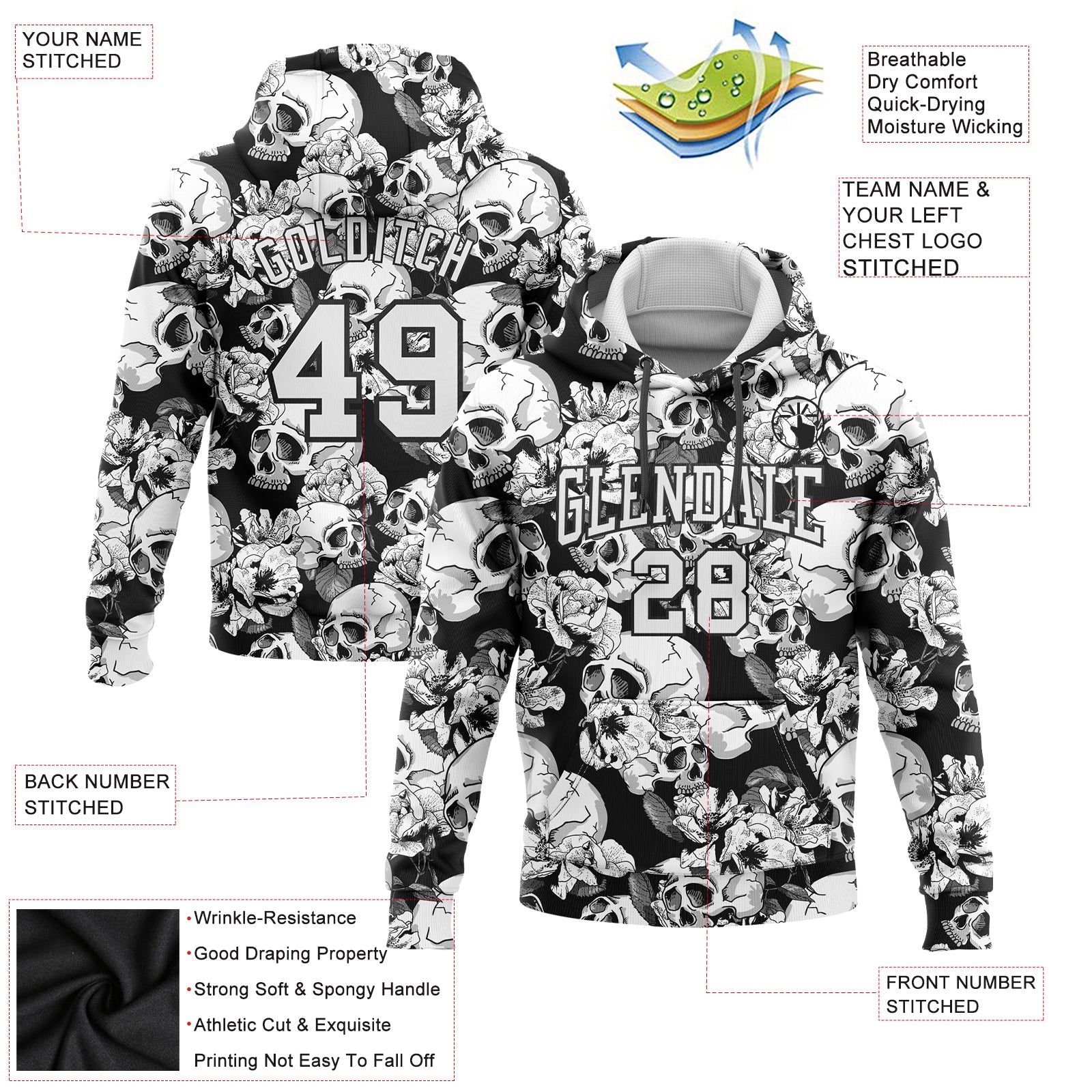 Custom Stitched Black White 3D Skull Fashion Flower Sports Pullover Sweatshirt Hoodie view 2