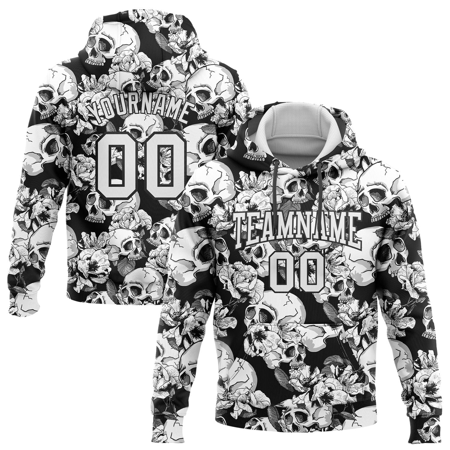 Custom Stitched Black White 3D Skull Fashion Flower Sports Pullover Sweatshirt Hoodie - Main View