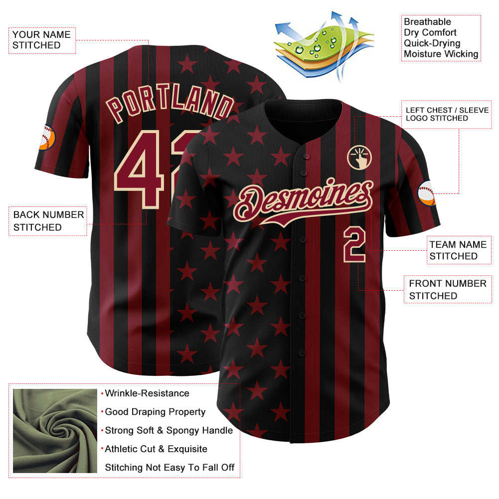 Custom Black Crimson-City Cream USA Flag Patriotic Split Stars and Stripes Authentic Baseball Jersey view 3