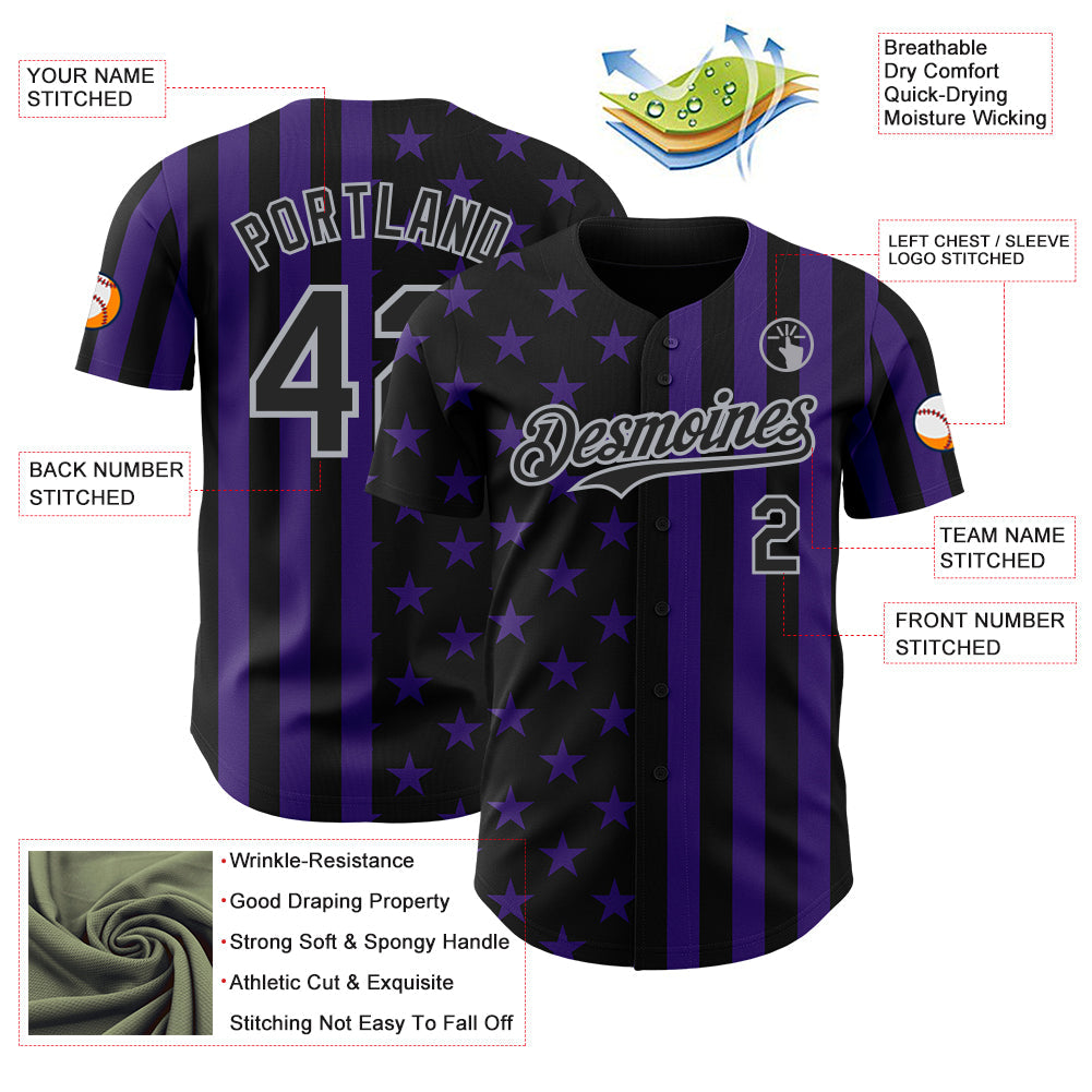 Custom Black Purple-Gray USA Flag Patriotic Split Stars and Stripes Authentic Baseball Jersey view 3