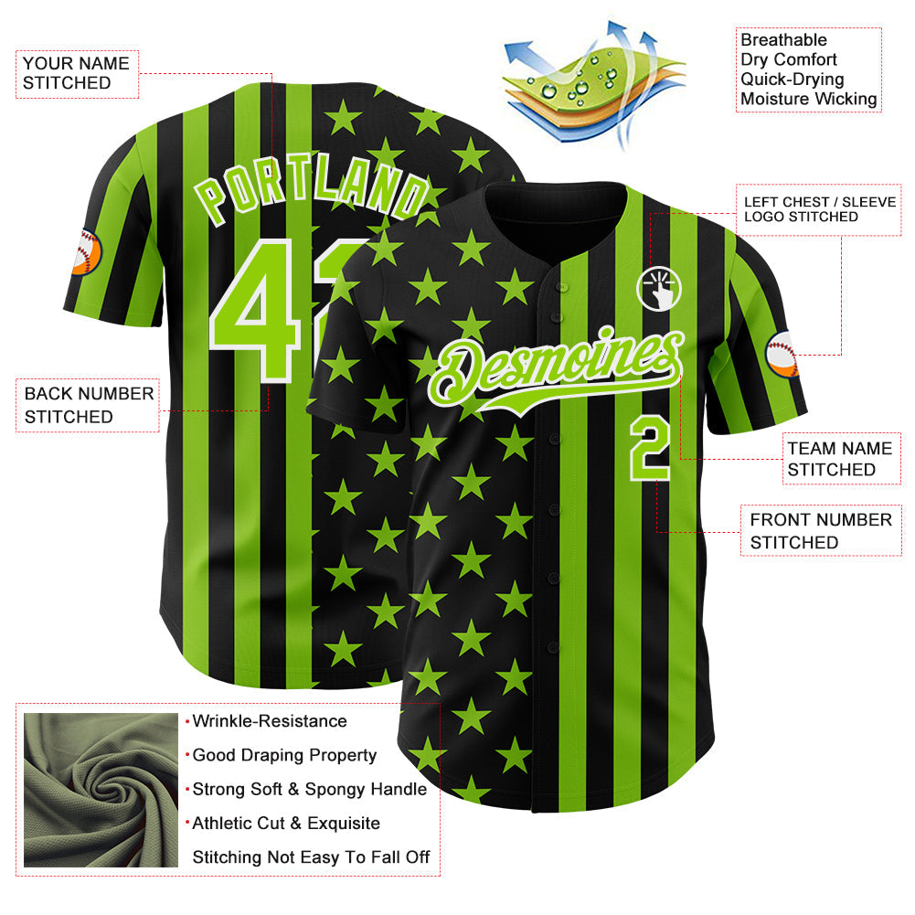 Custom Black Neon Green-White USA Flag Patriotic Split Stars and Stripes Authentic Baseball Jersey view 3