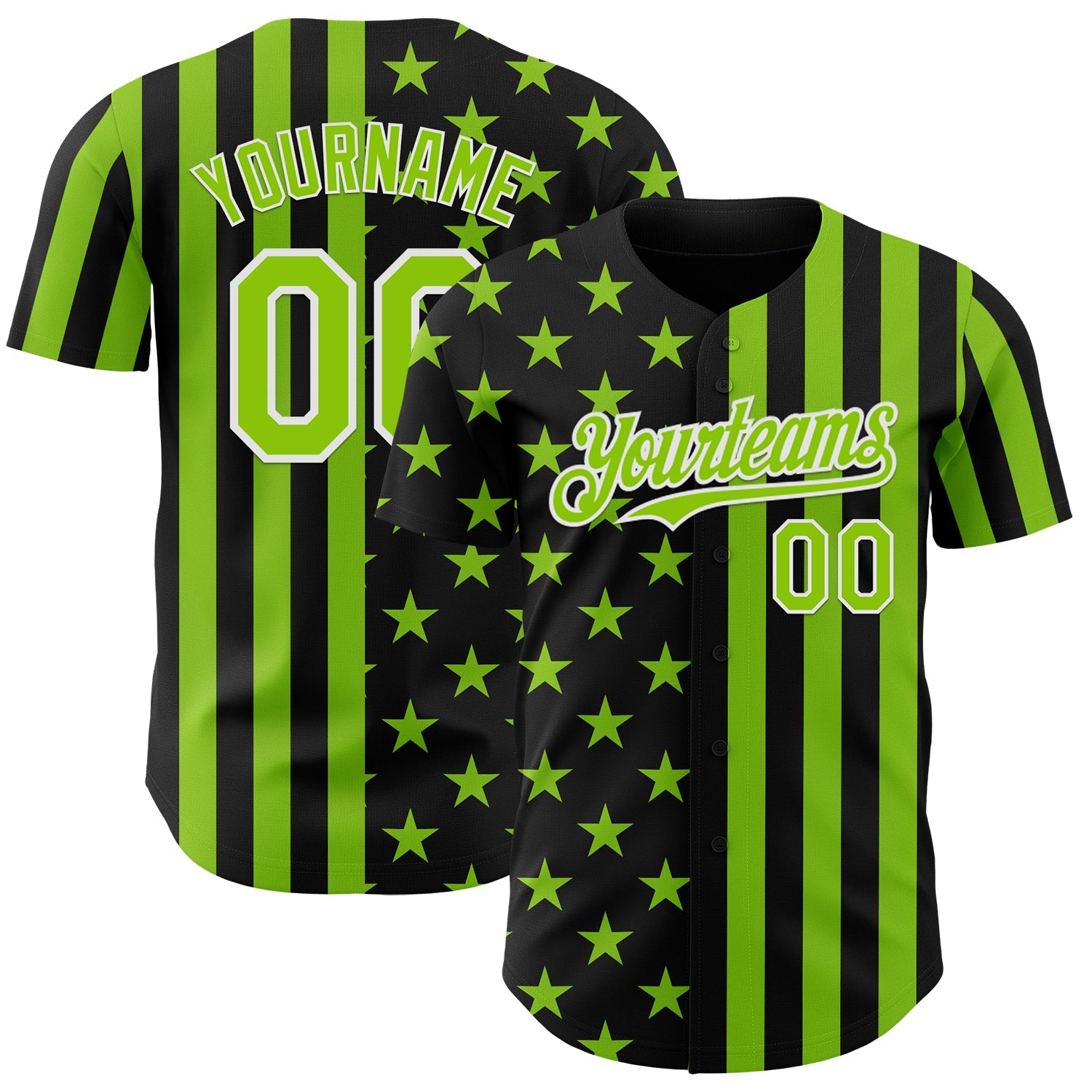 Custom Black Neon Green-White USA Flag Patriotic Split Stars and Stripes Authentic Baseball Jersey - Main View