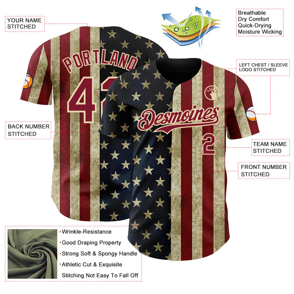 Custom Navy Crimson-City Cream Vintage USA Flag Patriotic Split Stars and Stripes Authentic Baseball Jersey view 3