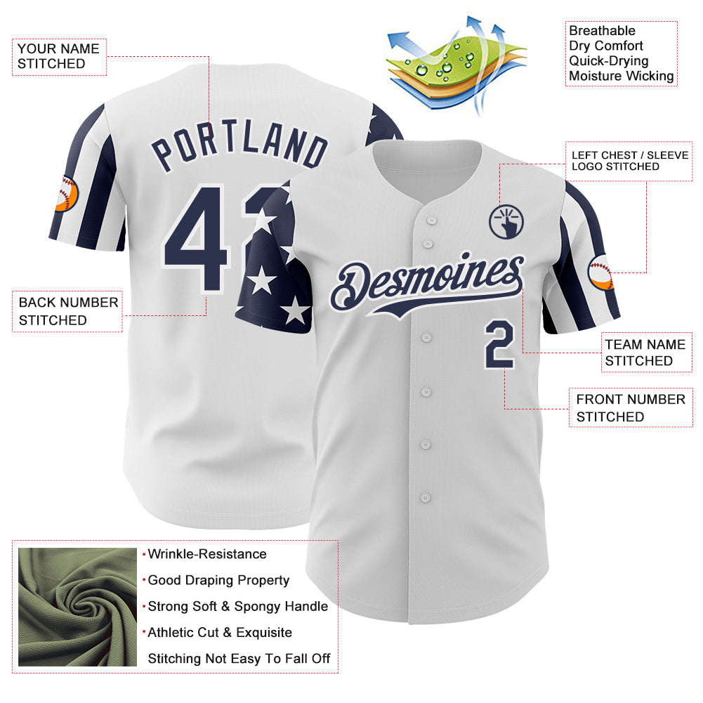 Custom White-Navy Two Tone USA Flag Sleeves Stars and Stripes Authentic Baseball Jersey view 3