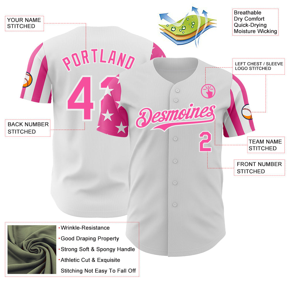 Custom White-Pink Two Tone USA Flag Sleeves Stars and Stripes Authentic Baseball Jersey view 3