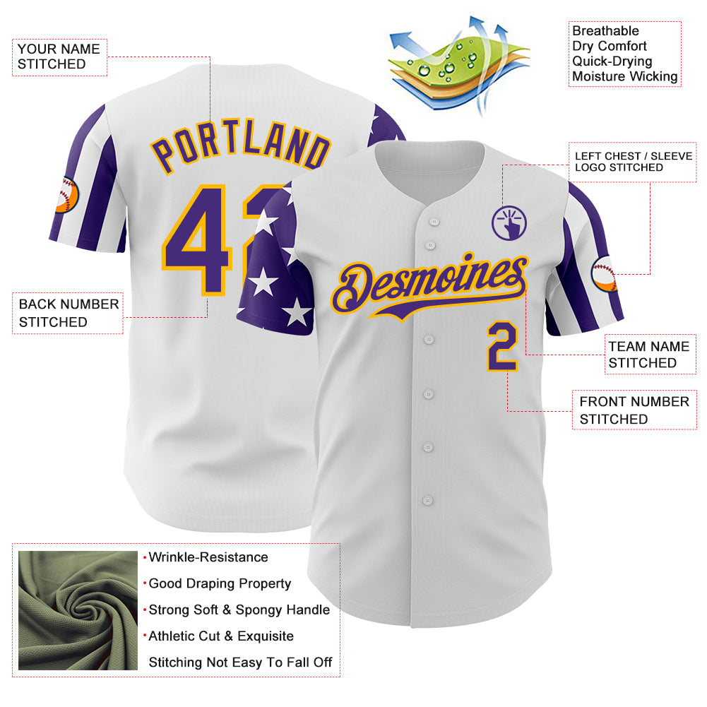 Custom White Purple-Gold Two Tone USA Flag Sleeves Stars and Stripes Authentic Baseball Jersey view 3