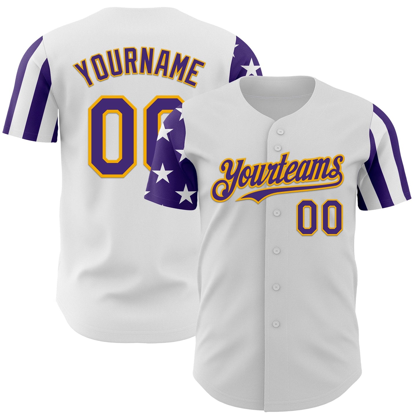 Custom White Purple-Gold Two Tone USA Flag Sleeves Stars and Stripes Authentic Baseball Jersey - Main View