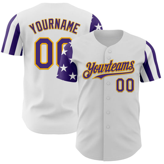 Custom White Purple-Gold Two Tone USA Flag Sleeves Stars and Stripes Authentic Baseball Jersey - Main View