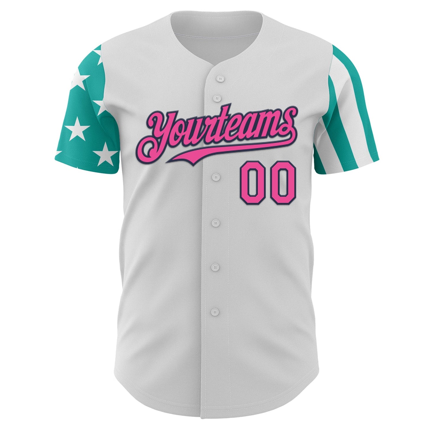 Custom White Pink Aqua-Navy Two Tone USA Flag Sleeves Stars and Stripes Authentic Baseball Jersey view 2