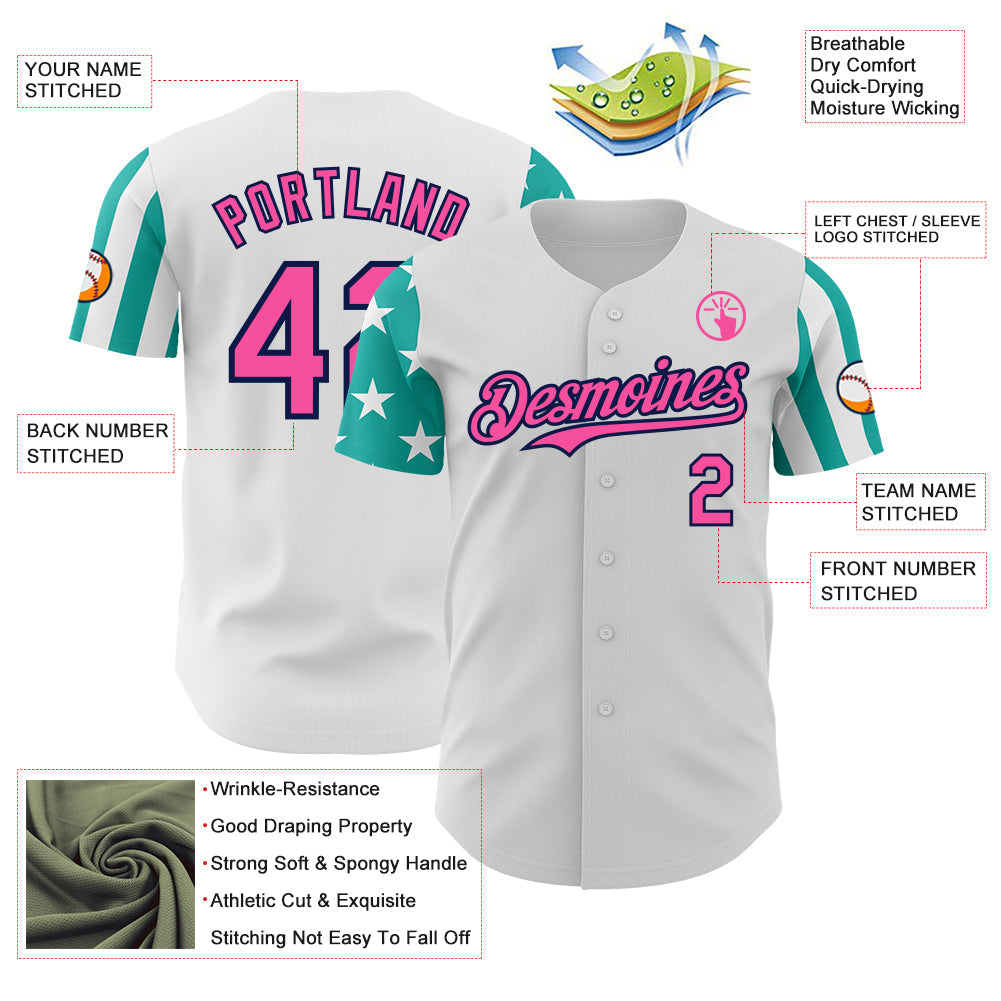 Custom White Pink Aqua-Navy Two Tone USA Flag Sleeves Stars and Stripes Authentic Baseball Jersey view 3