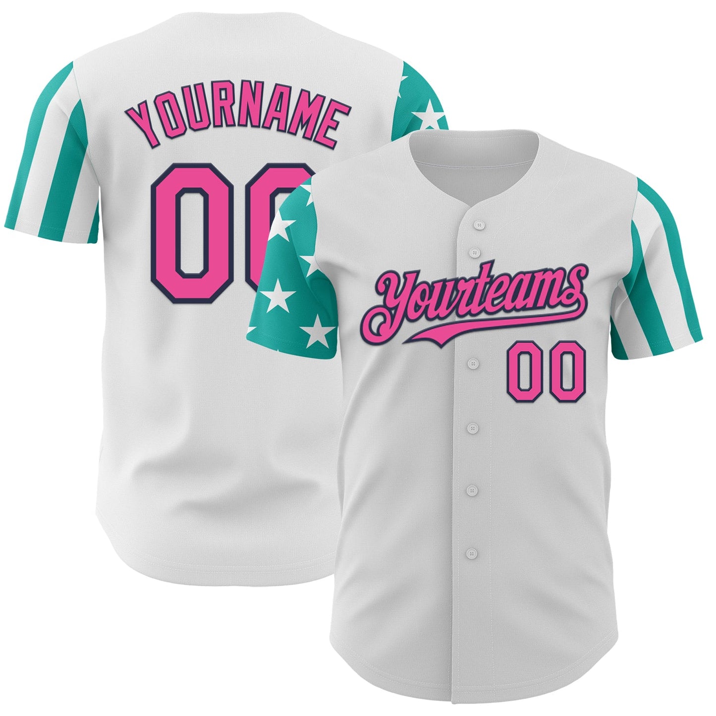Custom White Pink Aqua-Navy Two Tone USA Flag Sleeves Stars and Stripes Authentic Baseball Jersey - Main View