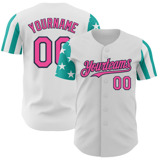 Custom White Pink Aqua-Navy Two Tone USA Flag Sleeves Stars and Stripes Authentic Baseball Jersey - Main View