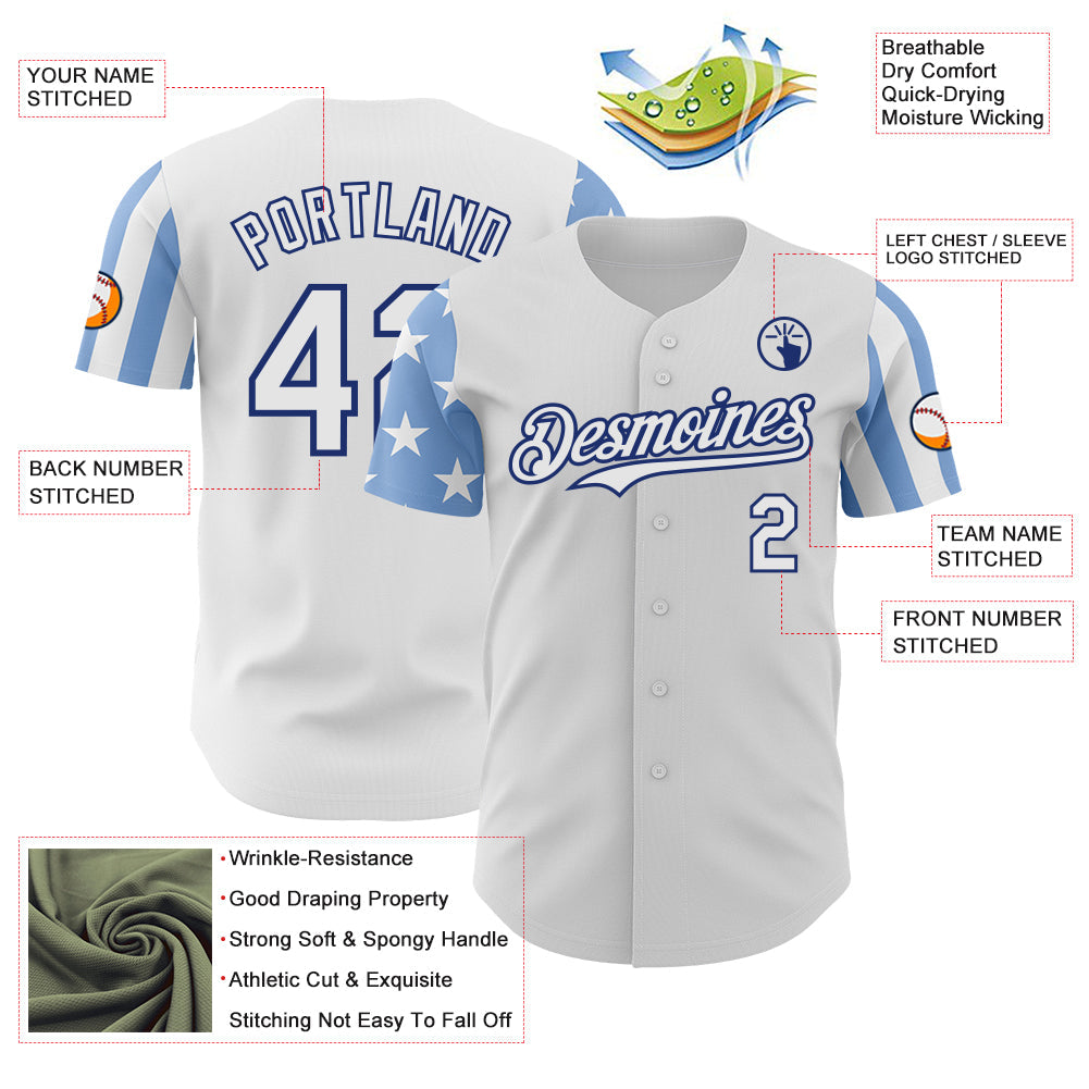 Custom White Light Blue-Royal Two Tone USA Flag Sleeves Stars and Stripes Authentic Baseball Jersey view 3