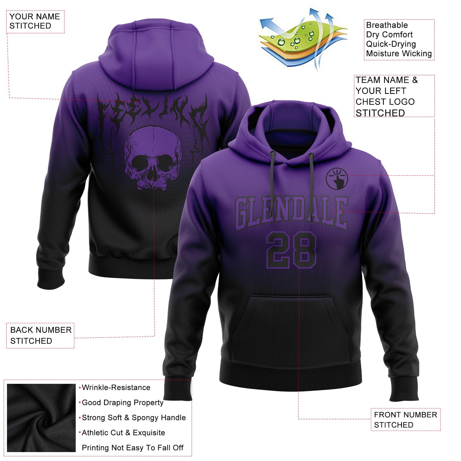 Custom Stitched Purple Black 3D Skull Fashion Sports Pullover Sweatshirt Hoodie view 2
