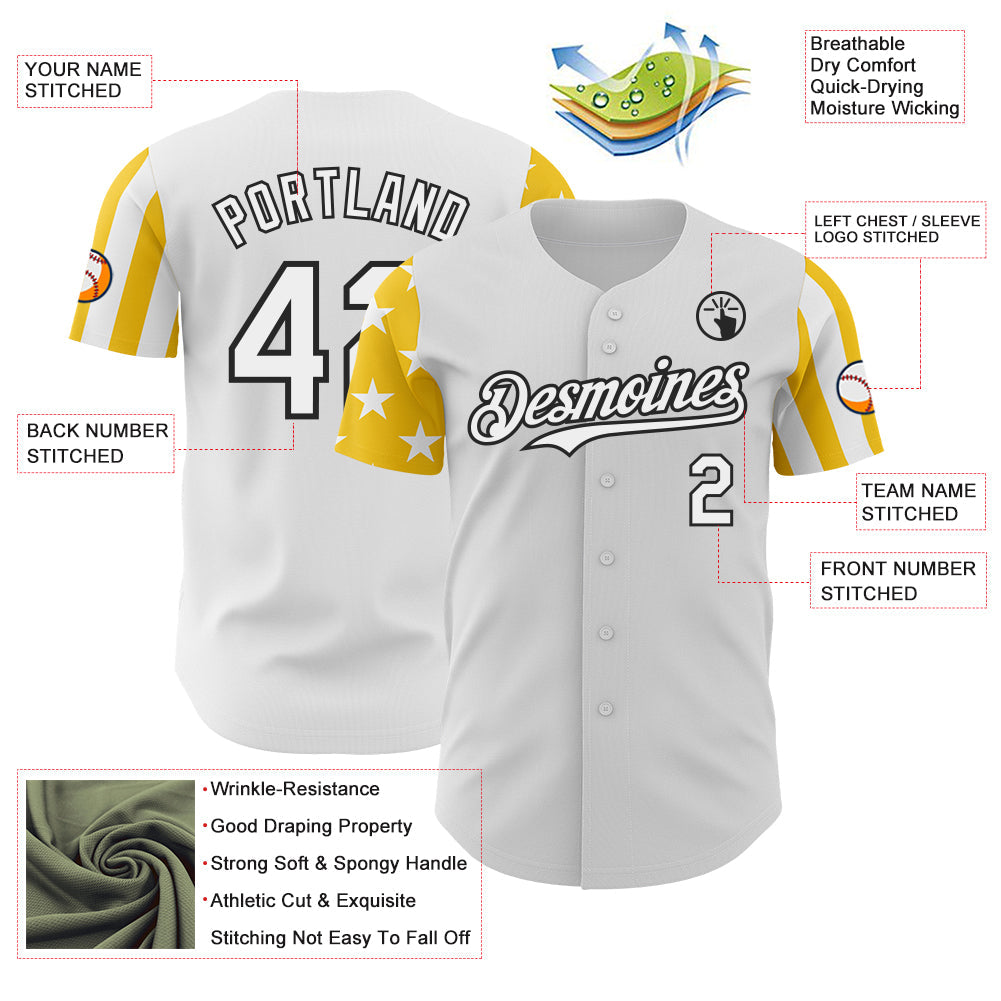 Custom White Yellow-Black Two Tone USA Flag Sleeves Stars and Stripes Authentic Baseball Jersey view 3