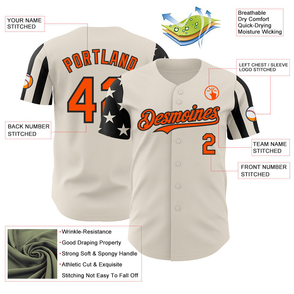 Custom Cream Orange-Black Two Tone USA Flag Sleeves Stars and Stripes Authentic Baseball Jersey view 3